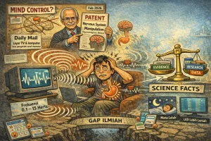 Di antara gelombang tak terlihat dari layar dan gemuruh spekulasi “mind control”, karikatur ini menggambarkan jurang besar antara teori dalam dokumen paten dan bukti ilmiah yang teruji, menegaskan bahwa hingga kini klaim pengaruh tersembunyi layar terhadap sistem saraf manusia masih berada di wilayah kemungkinan teknis, bukan fakta biologis yang terbukti.